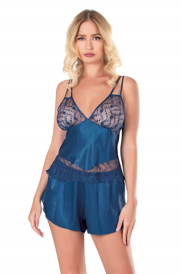 Arias Closet Petrol Mavisi Saten Babydoll Şort Takımı - Görsel 1