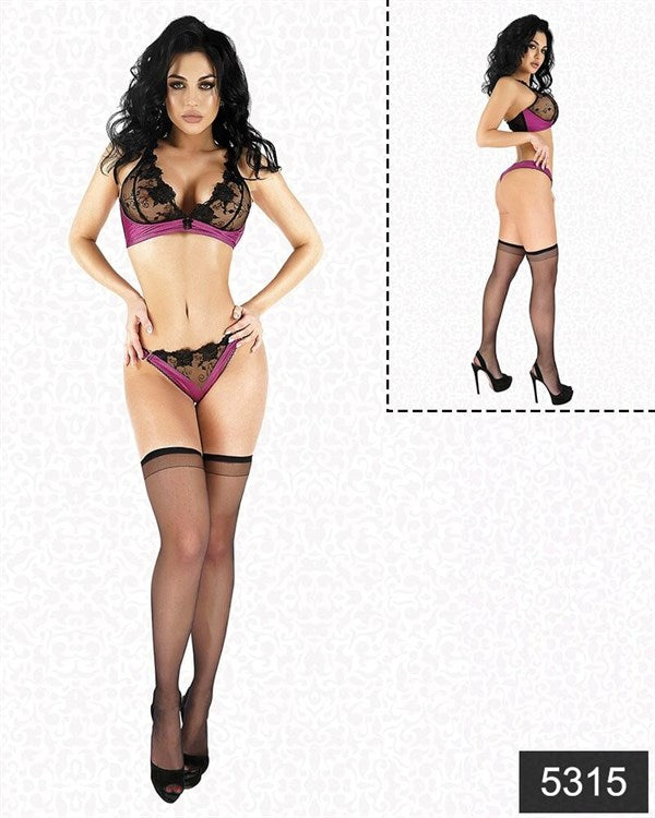 Arias Closet Saten Dantelli Fantazi Çorap Sütyen Tanga Set - Görsel 1